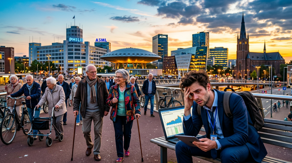 Young businessman looking stressed next to laptop with charts and elderly group happily walking with canes in city background
