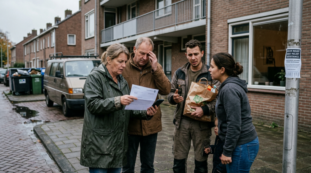 Four neighbors talking on a residential street with one holding a letter and another carrying groceries