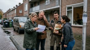 Four neighbors talking on a residential street with one holding a letter and another carrying groceries